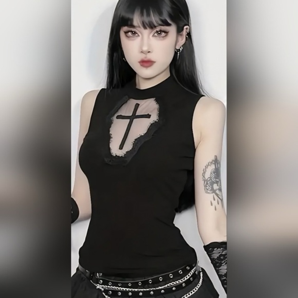 Gothic Black Top W Mesh Cross L/XL